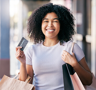 Buy stock photo Black woman on street, credit card and shopping with bags, discount and retail therapy for clothes, buy and expensive. Jamaican female shopper, lady and customer with products, purchase and spending.