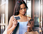 Credit card, online shopping and woman with smartphone in city street for finance, loan and wealth with fintech, e commerce and retail app. Girl with shopping bag, digital payment and phone banking 