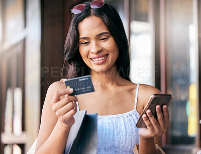 Buy stock photo Woman with credit card, smartphone for online shopping and ecommerce with banking app and internet, online and retail. Happy customer, sale and e commerce, mobile and technology with service and pay.