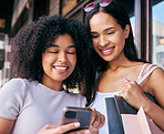 Friends, phone and shopping in the city on a social network for retail discounts and sales. Cellphone, communication and friendship in a town for buying, purchase and luxury shopper females 