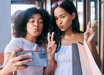 Buy stock photo Selfie, peace and shopping with black woman friends posing for a phone photograph outdoor in the city together. Mobile, hand sign and pout with a female customer and friend in a mall or retail store