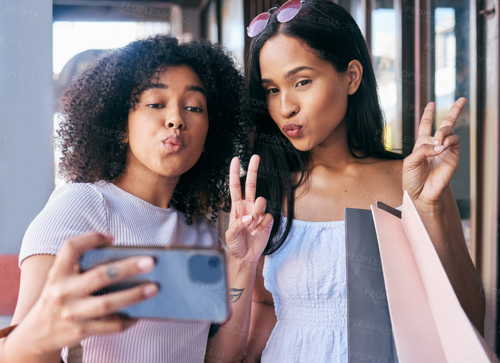 Buy stock photo Selfie, peace and shopping with black woman friends posing for a phone photograph outdoor in the city together. Mobile, hand sign and pout with a female customer and friend in a mall or retail store