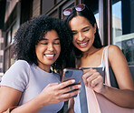 Women, phone and online shopping in Cape Town street, read ecommerce website on retail shopping app in city. Happy friends, black woman and mobile tech, customer or promo notification on smartphone 