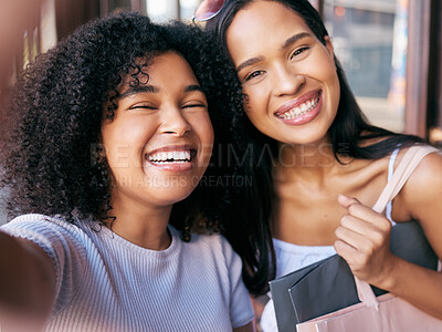 Buy stock photo Friends, selfie and shopping date with black women, smile and happiness together with retail, sale and discount at shopping mall. Portrait, happy in photograph and freedom, customer and shop outdoor