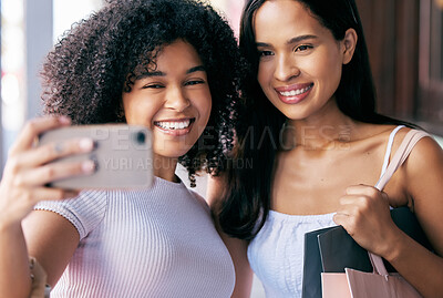 Buy stock photo Friends, phone and selfie while shopping with a smile, happiness and love for social media profile picture with influencer or content creator. Black female customers with smartphone for blog post