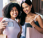 Women, city shopping and phone selfie, social media post and customer satisfaction on mobile app, tech and connection. Happy girl friends, shoppers and smartphone photograph, video call and happiness