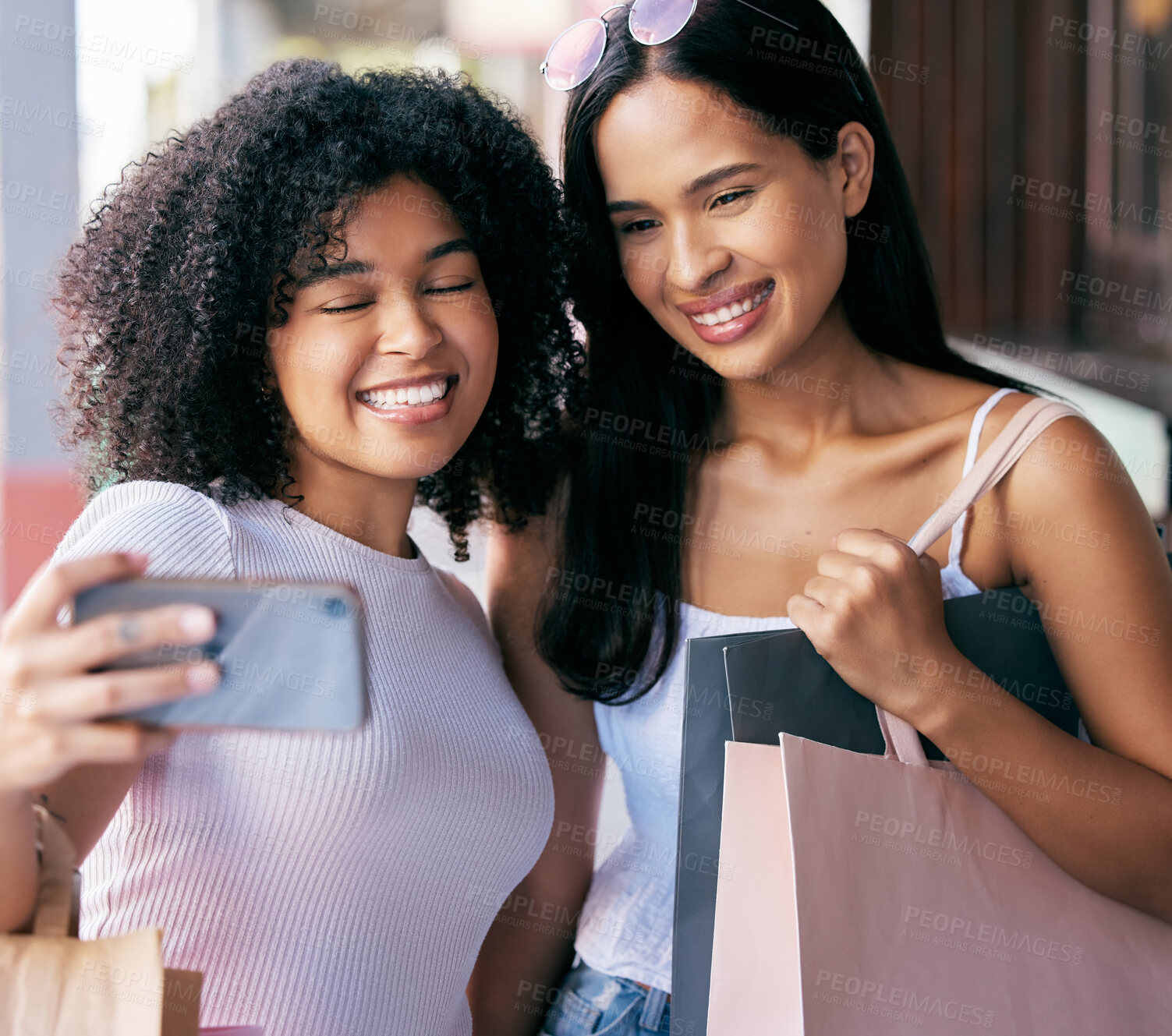 Buy stock photo Women, city shopping and phone selfie, social media post and customer satisfaction on mobile app, tech and connection. Happy girl friends, shoppers and smartphone photograph, video call and happiness