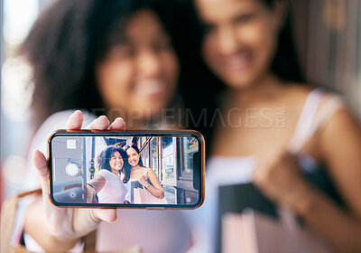 Buy stock photo Selfie, friends and women with smartphone, screen and summer to relax, shopping bags and purchase clothes. Happy females, girls and closeup for phone, capture moment and city for boutique or discount