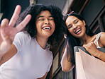 Friends, happy shopping and peace sign portrait in city for retail therapy freedom, quality time and customer happiness. Luxury usa store, shopping bag and black women smile for fashion promotion 