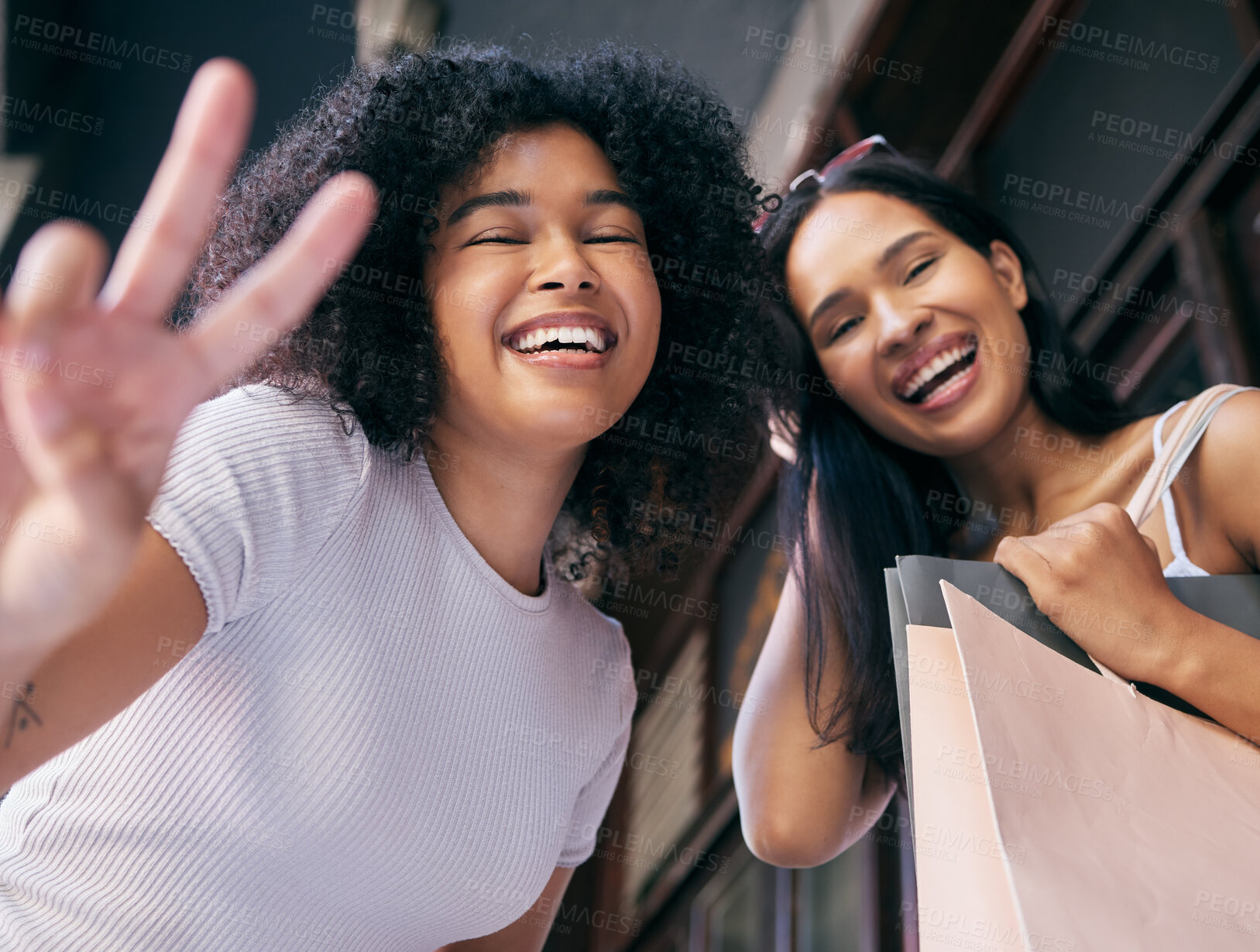 Buy stock photo Friends, happy shopping and peace sign portrait in city for retail therapy freedom, quality time and customer happiness. Luxury usa store, shopping bag and black women smile for fashion promotion 