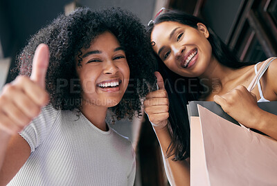 Buy stock photo Shopping, friends and thumbs up with women excited about successful retail deal or black friday sale. Bags, buying and gesture with friendship portrait in a shopping mall, department store or store