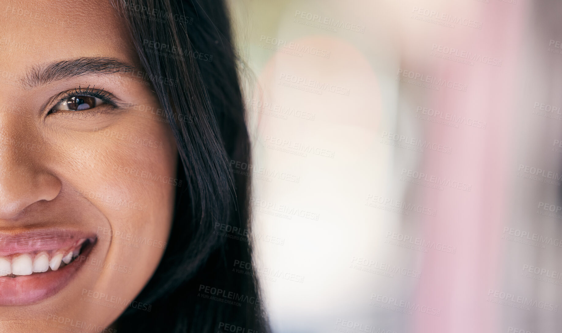 Buy stock photo Half face, black woman and mockup with smile for marketing, advertising and blurred background in Atlanta uSA. Split portrait of happy girl with healthy skincare, beauty and wellness on mock up space