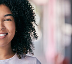 Face, beauty and mockup with a black woman inside on a color background with a cropped smile closeup. Portrait, half and smile with an attractive young female next ro marketing or advertising space