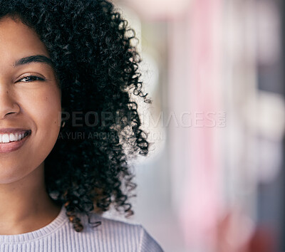 Buy stock photo Face, beauty and mockup with a black woman inside on a color background with a cropped smile closeup. Portrait, half and smile with an attractive young female next ro marketing or advertising space