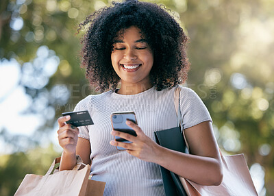 Buy stock photo Woman, shopping and phone with credit card for ecommerce purchase or payment outside. Online, mobile and fintech for retail sale or discount pay with a female shopper buying with e commerce 