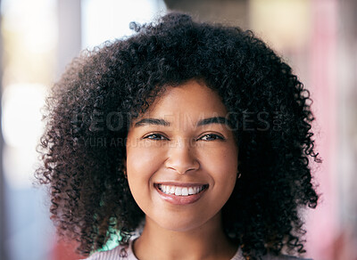 Buy stock photo Face of happy black woman and relax on vacation in South Africa with an urban blurred background and afro. Portrait of professional girl, young African American with a smile and curly afro hair