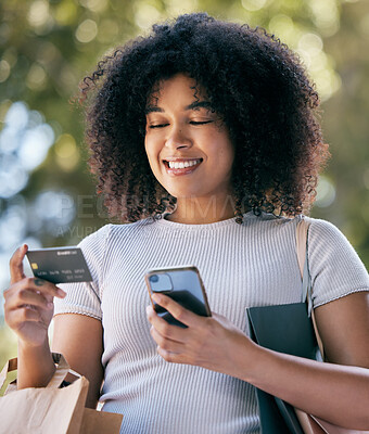 Buy stock photo Phone, shopping or black woman with credit card for ecommerce sale, retail discount or fashion promotion in Colombia. Smile, finance or happy customer online banking for a digital payment on internet