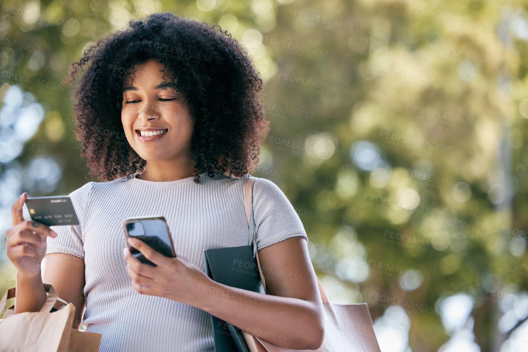 Buy stock photo Phone, credit card and online shopping with a black woman outdoor for a sale or deal as a customer. Ecommerce, retail and payment with a female consumer outside as a 5g mobile shopper in summer