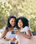 Friends, phone and selfie for retail shopping bonding moment together with smile for purchase choices. Black people, shopper and smartphone photograph of happy gen z women for social media.

