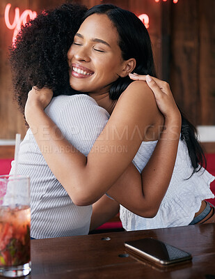 Buy stock photo Happy, support and friends hug at restaurant for bond, care and reunion hangout in Chicago, USA. Happiness, smile and embrace of black people in friendship enjoying friendly greeting at diner.