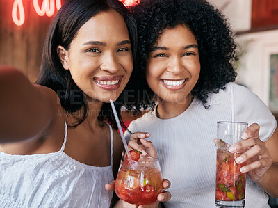 Buy stock photo Selfie, black women and cocktails at pub, celebration and enjoy happy hour together. Young females, African American girls and drinking for event, bonding and happiness at party, and friends relax.