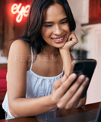 Buy stock photo Phone, social media and communication with a black woman in a coffee shop or internet cafe to relax alone. Contact, mobile and social network with a young female sitting in a restaurant or bistro