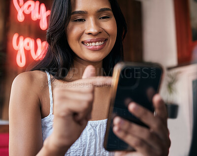 Buy stock photo Woman, phone and cafe for texting or browsing online social media for a meme or content in a restaurant. Coffee shop, mobile and social network with a female customer reading a blog on the internet