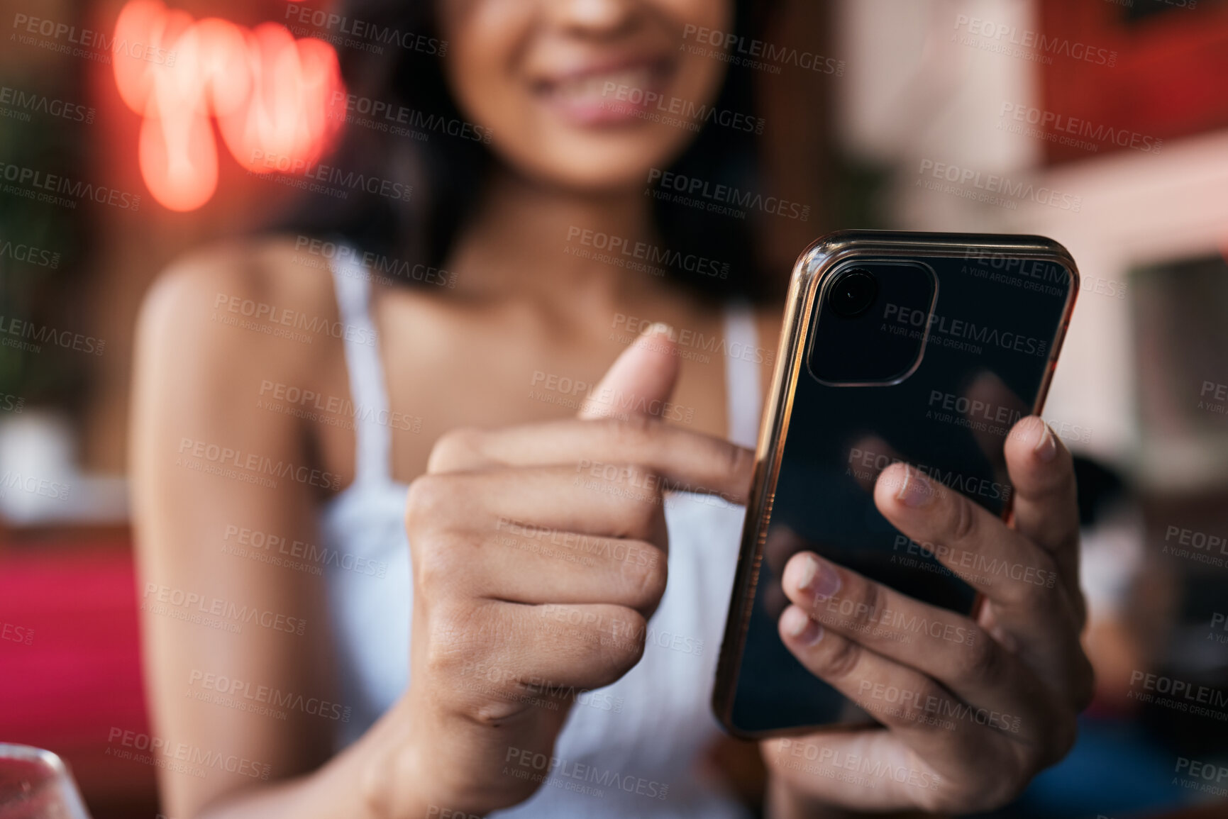 Buy stock photo Restaurant, bar and smartphone in hands of woman for social networking, mobile chat app and internet scroll, surfing or search. Cafe, young customer and using phone for social media post or an update