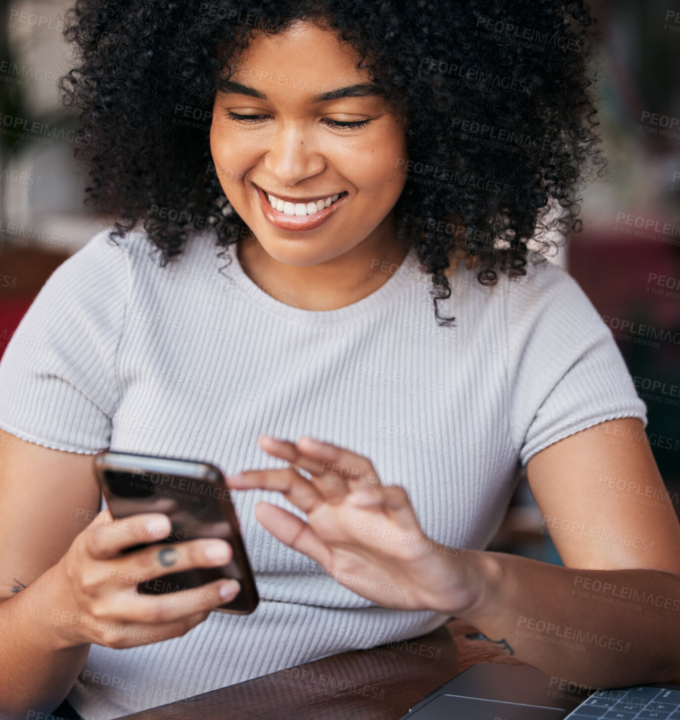 Buy stock photo Black woman, phone and laptop, internet cafe and remote work, blog or freelancer entrepreneur. Happy young female in coffee shop typing on smartphone, social media and reading mobile app notification