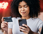 Phone, credit card and woman doing retail online shopping for a sale, discount or promotion. Bank card, cellphone and lady from Puerto Rico buying clothes on a internet store, shop or boutique.