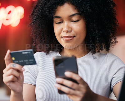 Buy stock photo Phone, credit card and woman doing retail online shopping for a sale, discount or promotion. Bank card, cellphone and lady from Puerto Rico buying clothes on a internet store, shop or boutique.