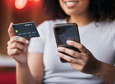 Buy stock photo Woman hands, phone and credit card for ecommerce, online shopping and making payment on internet store or bills with fintech app. Female doing banking with secure smartphone network for savings
