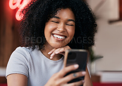 Buy stock photo Woman, cafe and phone or wifi search in a restaurant for social media meme or content with joy. Coffee shop, mobile internet and female customer browsing social network for communication or text 
