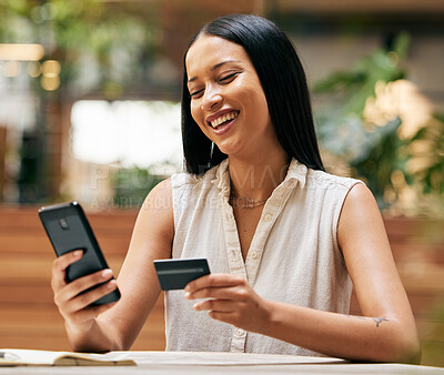 Buy stock photo Credit card, ecommerce and woman with phone at cafe for payment, fintech and online shopping. Happy customer, coffee shop and smartphone banking, mobile app money and internet finance on technology 