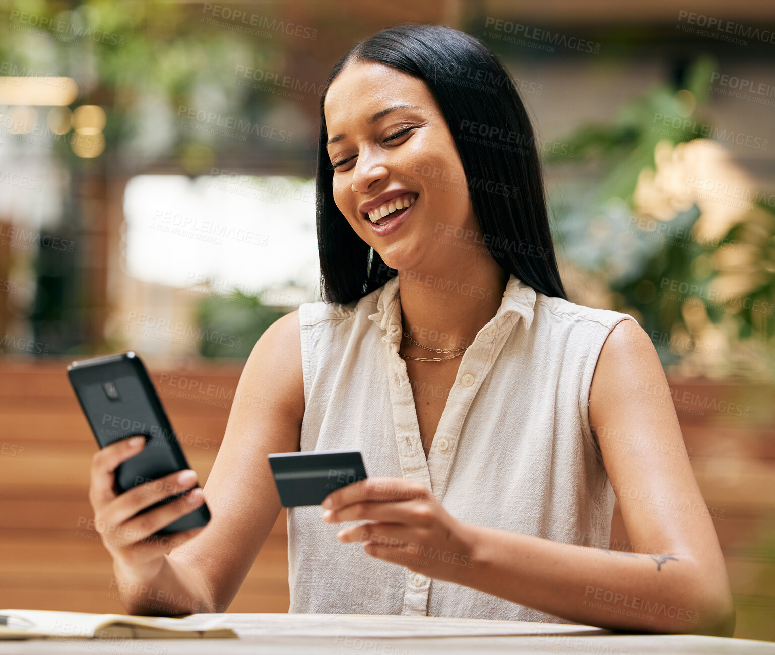 Buy stock photo Credit card, ecommerce and woman with phone at cafe for payment, fintech and online shopping. Happy customer, coffee shop and smartphone banking, mobile app money and internet finance on technology 