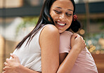 Friends, hug and love with women embracing while having fun and being affectionate. Loving, caring relationship or friendship with best friends hugging and embracing outside on a summer trip
