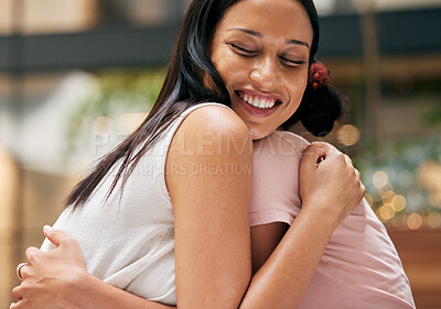 Buy stock photo Friends, hug and love with women embracing while having fun and being affectionate. Loving, caring relationship or friendship with best friends hugging and embracing outside on a summer trip