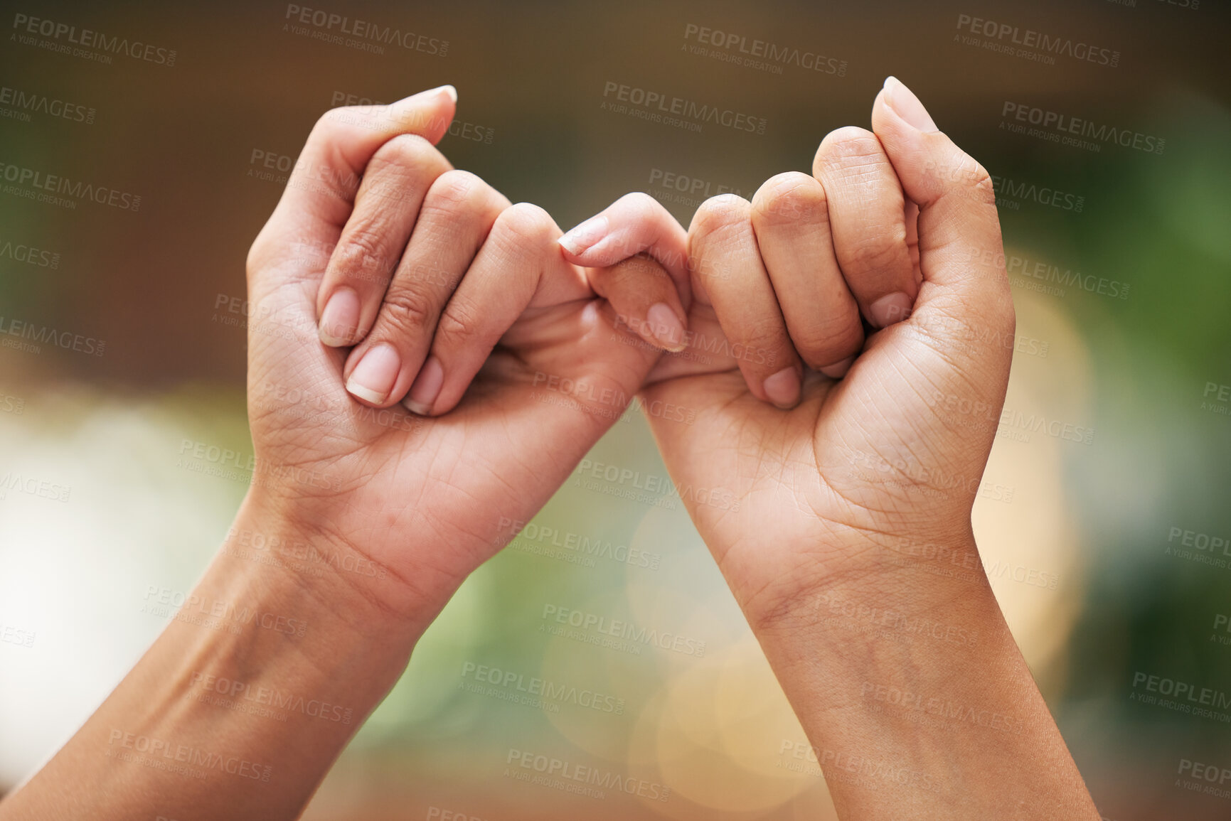 Buy stock photo Hands, trust and promise of women friends for pledge of intimate secret, confession and bond. Care, support and pinky promise for confidential moment together with nature bokeh effect zoom.

