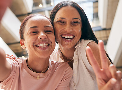 Buy stock photo Friends, selfie and peace sign while happy, excited and showing perfect smile for happiness, positive energy and love together. Face portrait of women with care and support for social media content