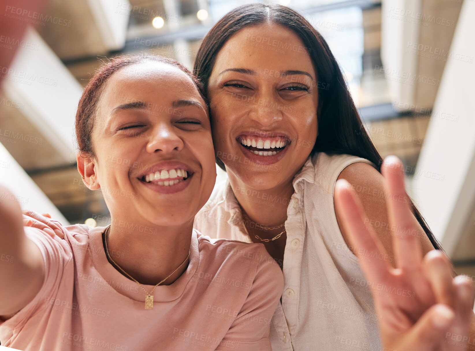 Buy stock photo Friends, selfie and peace sign while happy, excited and showing perfect smile for happiness, positive energy and love together. Face portrait of women with care and support for social media content