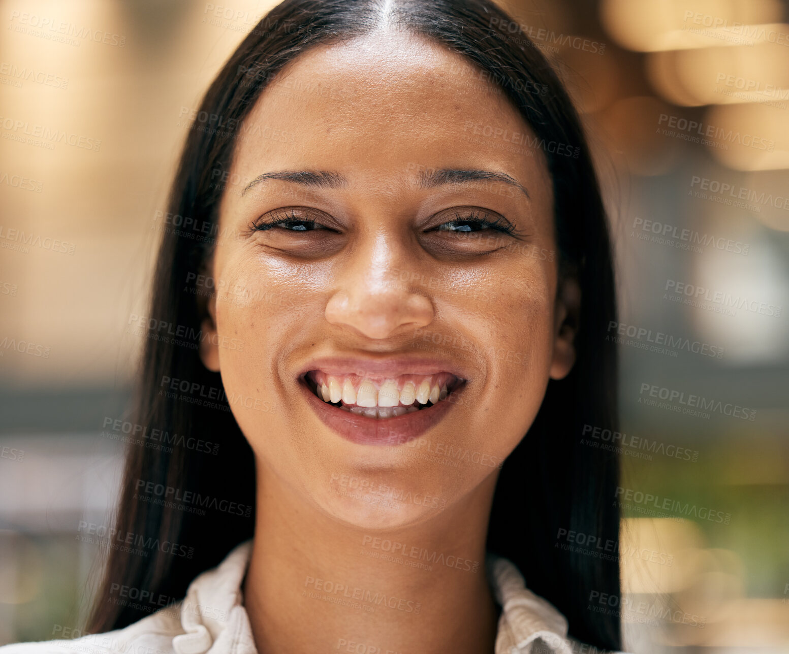 Buy stock photo Portrait, happy and mindset with a black woman smiling while feeling cheerful, carefree or positive closeup. Face, smile and happiness with an attractive young female standing alone in jamaica