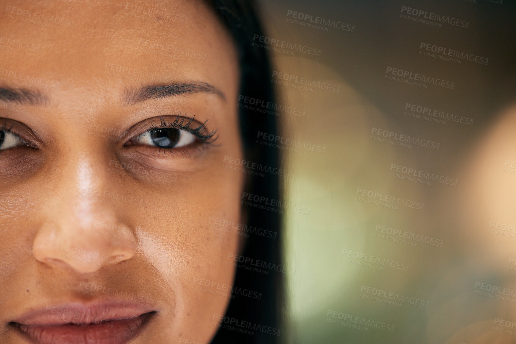 Buy stock photo Eyes, face and beauty of a woman on a blurred background with bokeh and mockup or free space for advertising and marketing. Portrait of detail, skin and cosmetics of a female with zoom on pores