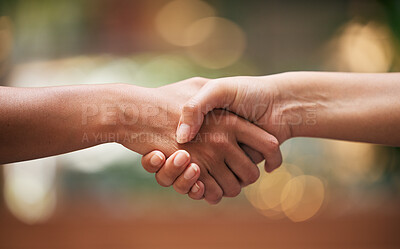 Buy stock photo Handshake, closeup and partnership for contract, agreement and teamwork. Trust, support and shaking hands for b2b communication, collaboration and thank you for cooperation, well done and solidarity.