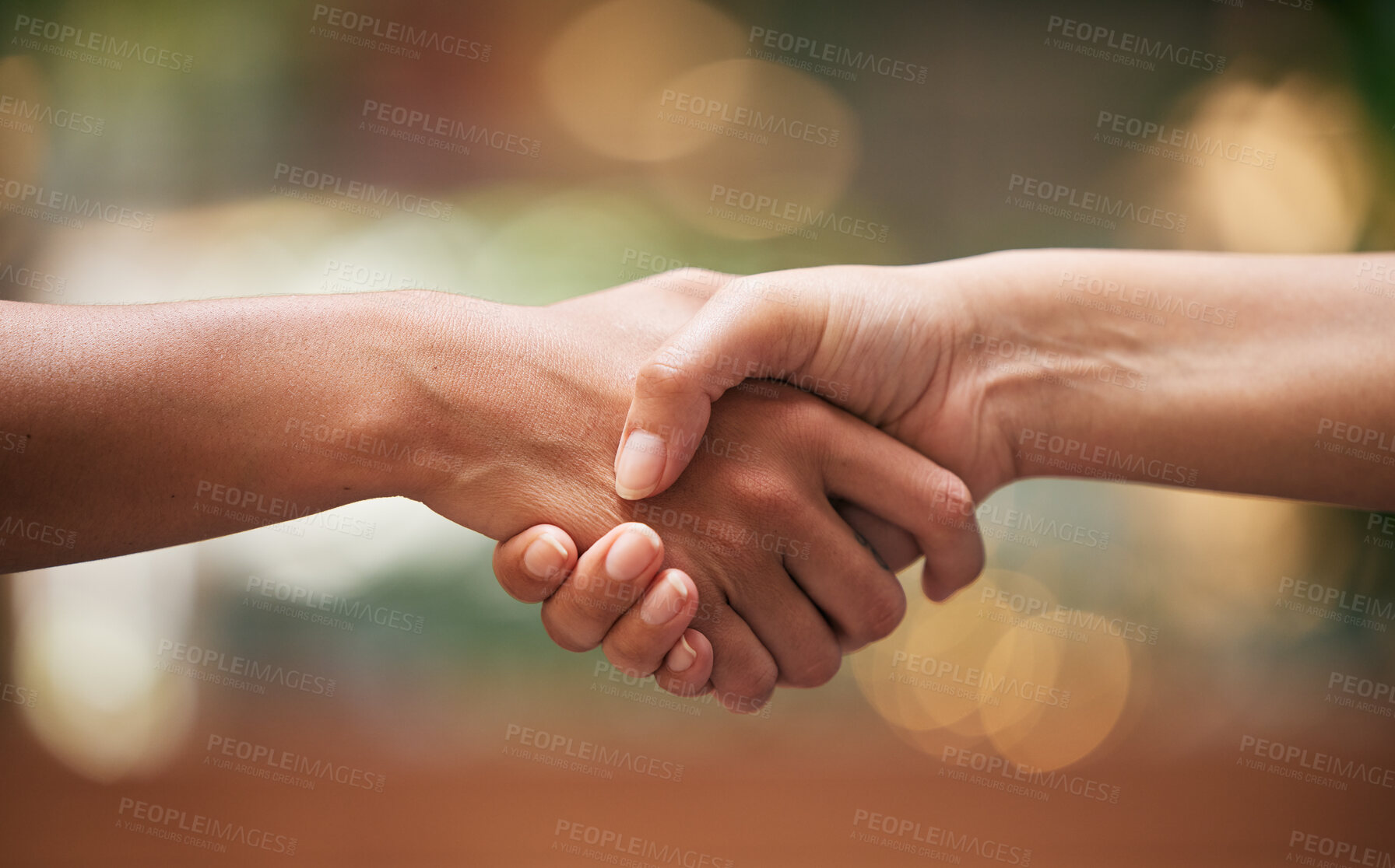 Buy stock photo Handshake, closeup and partnership for contract, agreement and teamwork. Trust, support and shaking hands for b2b communication, collaboration and thank you for cooperation, well done and solidarity.