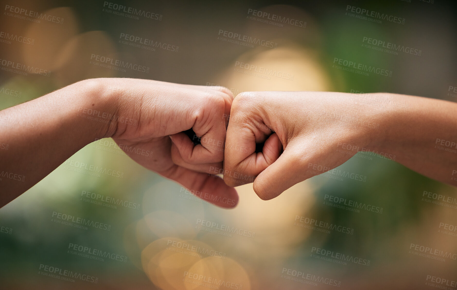 Buy stock photo Fist bump, friends and hands together for welcome with support, diversity and partnership collaboration. Bokeh background, racism and friendship goal welcome greeting collaboration outdoor with bokeh