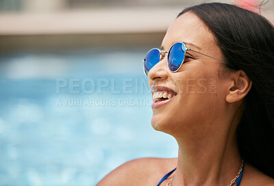 Buy stock photo Woman, face sunglasses and laughing by pool on summer break, holiday vacation or tropical travel fun. Mockup, happy smile or tourist student with fashion accessory by hotel or luxury resort water