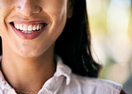 Mouth, teeth and happy with a black woman smiling alone outdoor during summer with mockup space. Smile, tooth and lips with an African American feeling positive outside with mock up or copy space
