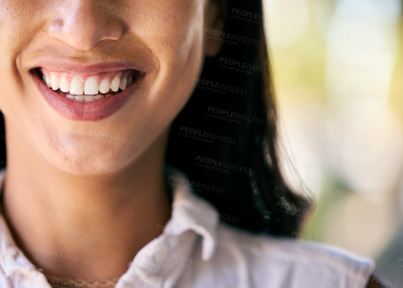 Buy stock photo Mouth, teeth and happy with a black woman smiling alone outdoor during summer with mockup space. Smile, tooth and lips with an African American feeling positive outside with mock up or copy space