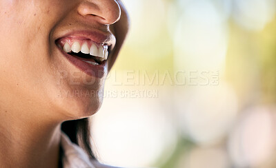 Buy stock photo Dental, teeth or mouth with a smile in nature laughing after a successful teeth whitening at dentist appointment. Mockup space, zoom or happy woman smiling at a funny joke while relaxing outdoors