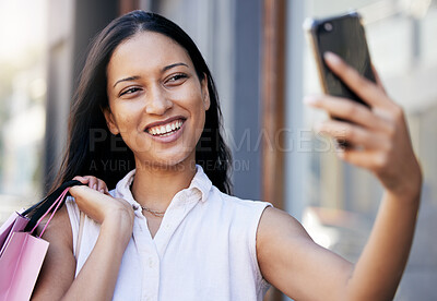 Buy stock photo Woman, phone selfie and luxury shopping, social media and picture outdoor in Miami, shopping bag and happy smile. Young female, mobile smartphone and photo outside a retail store or shopping mall
